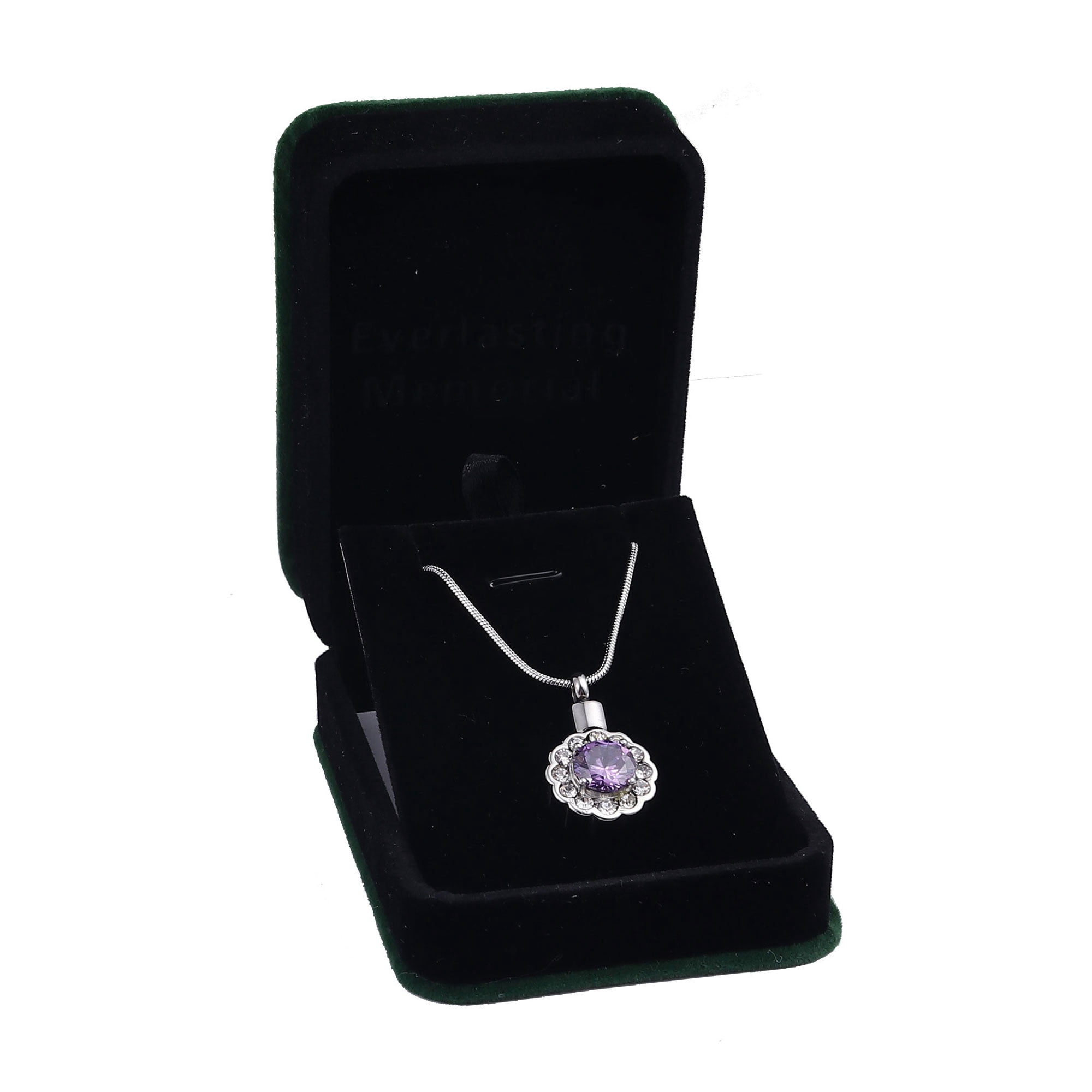 Round Purple Beautiful Crystal Rhinestone Flower Cremation Urn Necklace for Ashes Stainless Steel Memorial Pendant Keepsake Jewelry with Free Funnel Kit and Velvet Jewelry Box
