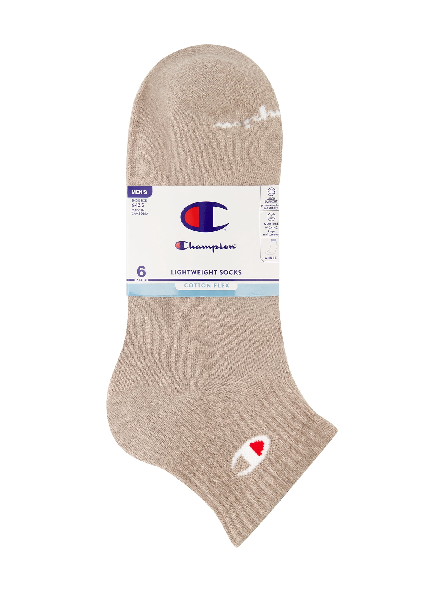 Champion Men’s Lightweight Ankle Socks 6 Pack, Moisture-Wicking, Arch Support, Stretch Comfort, Sizes 6–12.5