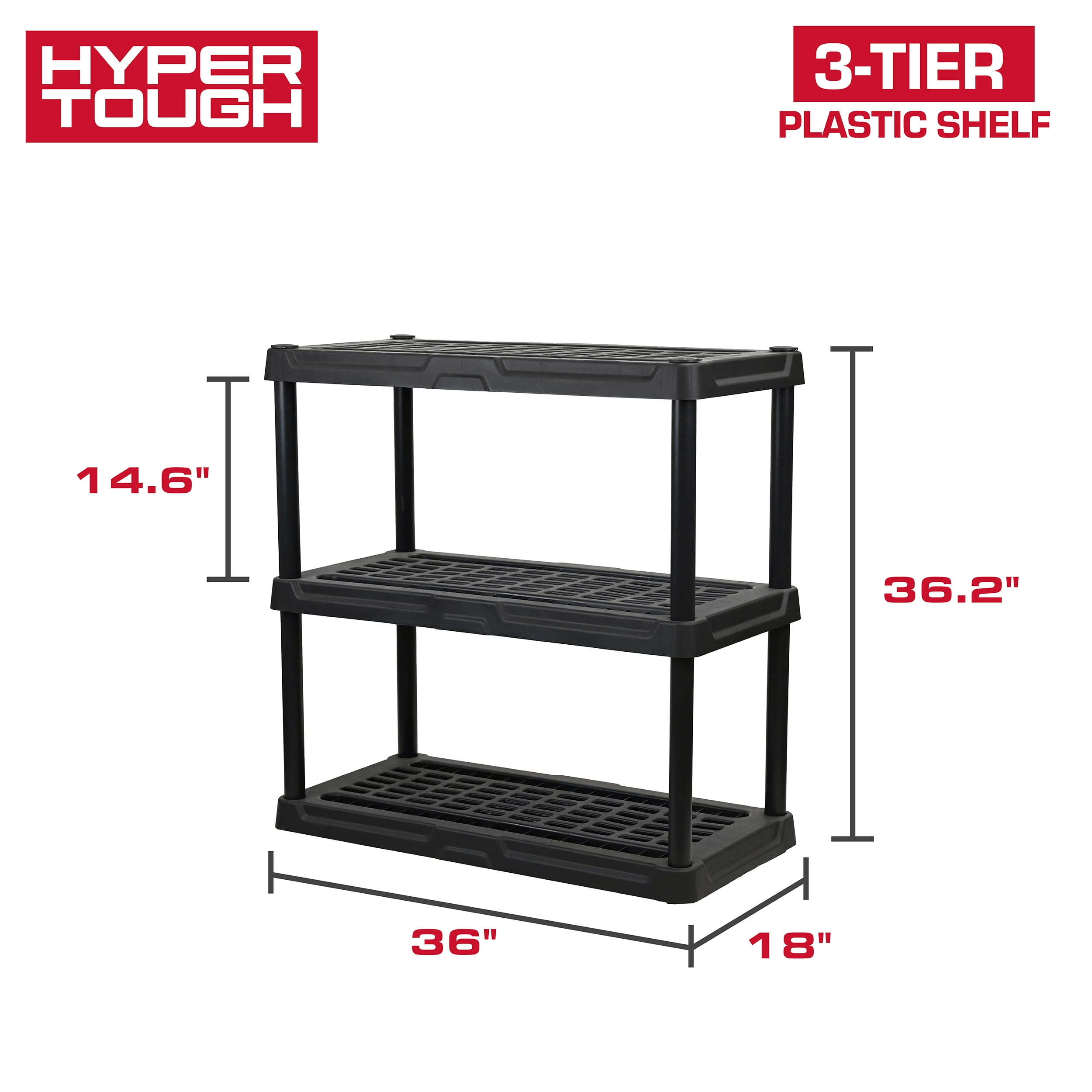 Hyper Tough 3 Shelf Black Plastic Storage Shelf, 36" W x 18" D x 36.2" H, Holds up to 450 lb Total Capacity