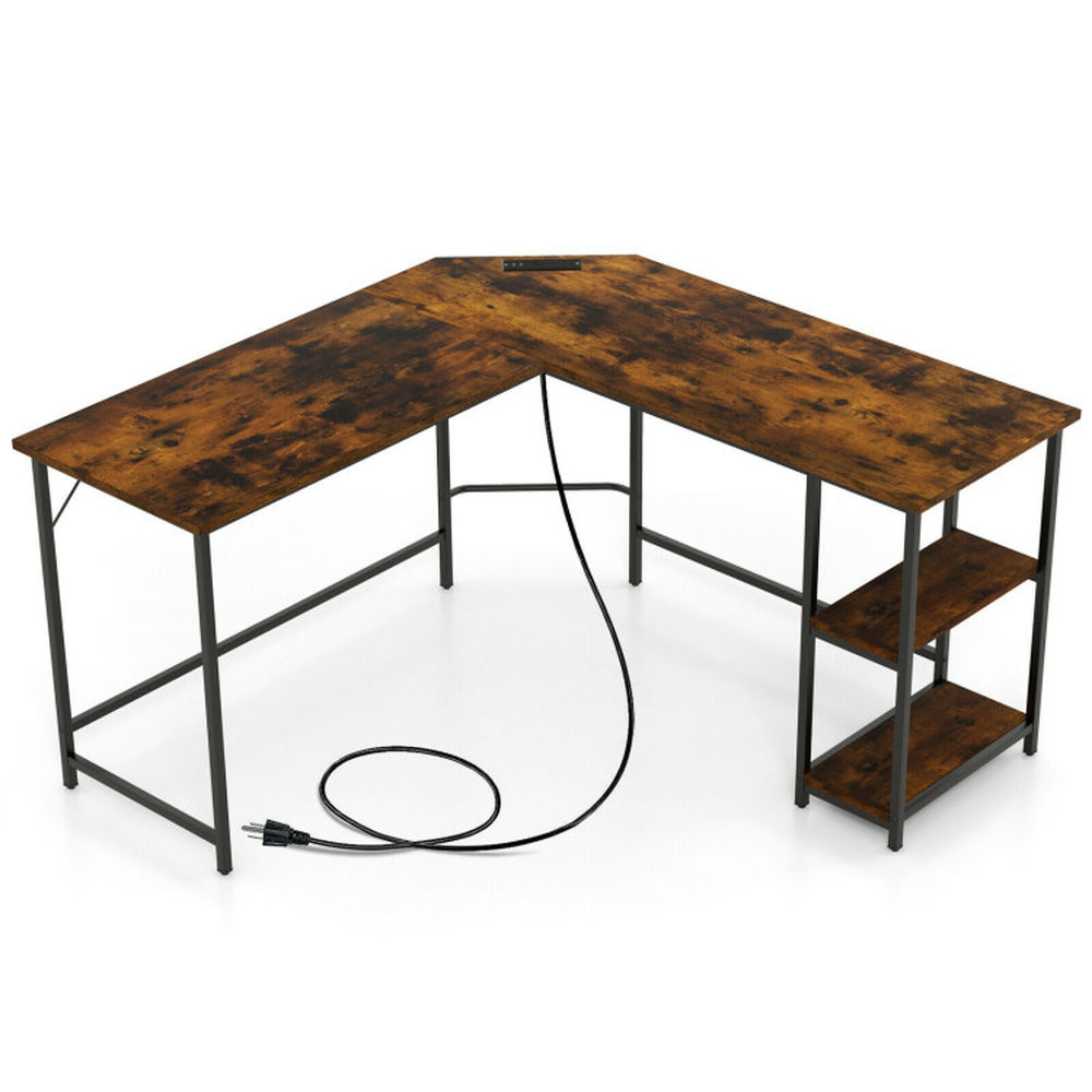 Demi Bonn L Shaped Computer Desk with 2 Outlets and 2 USB Ports, Small Home Office Desk Study Writing Table, Brown
