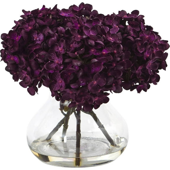 Nearly Natural 8.5in. H Hydrangea Artificial Flower Arrangement with Glass Vase, Purple