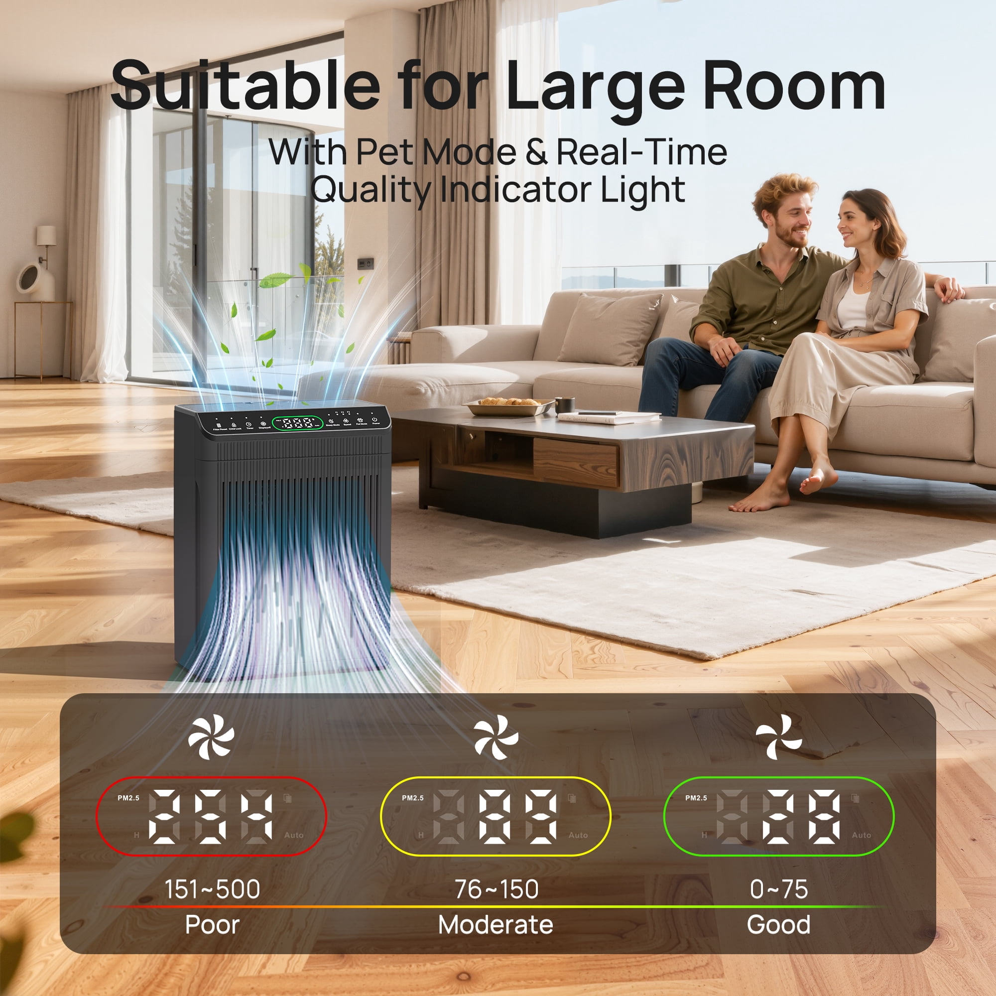 HEATDAZ Air Purifiers with Washable Pre-Filters, Air Purifier up to 2200sq.ft for Home, Bedroom Air Purify with PM 2.5 Display Air Quality Sensor