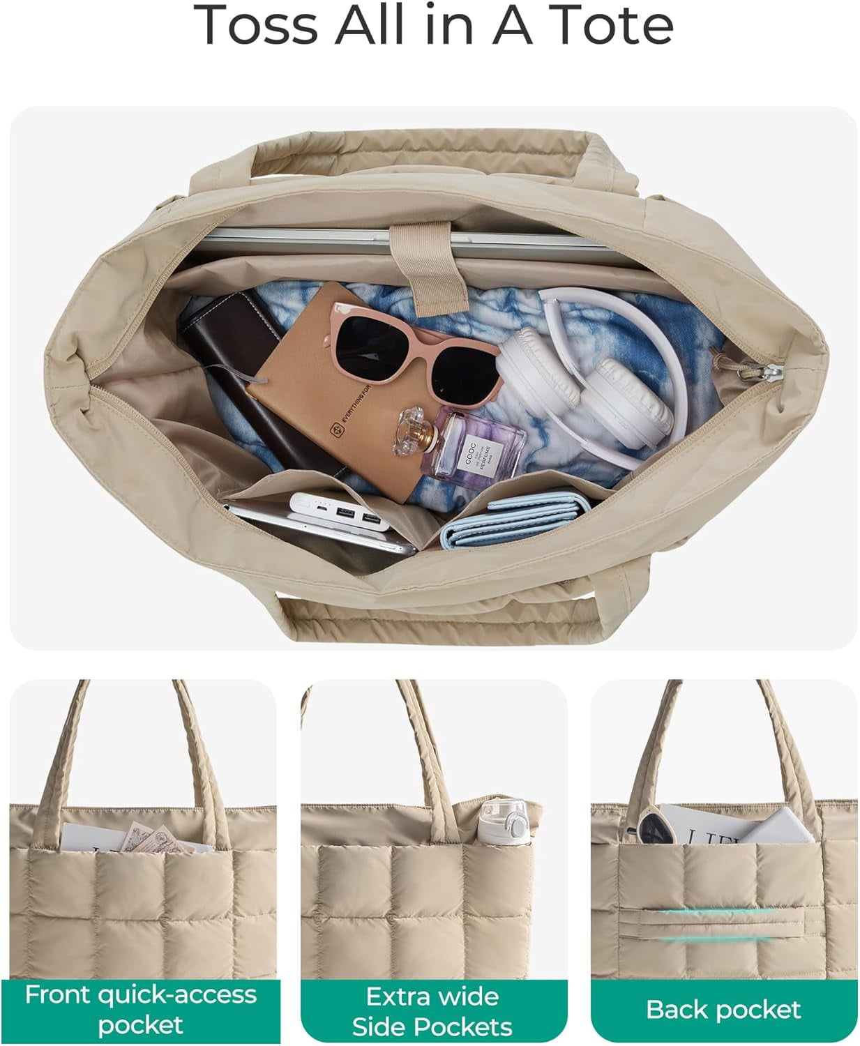 Omlopp Large Tote Bag for Women, Expandable Puffer Work Tote Handbag, Quilted Carry-On Travel Gym Bag-Desert