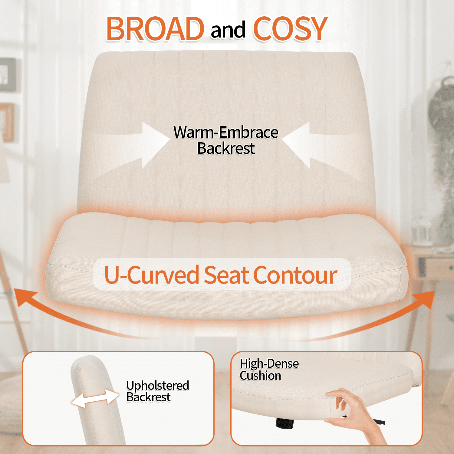 BIQWBIC Vanity Chair Adjustable Home Office Desk Chair Armless Swivel Cross Legged Chair with No Wheels, Beige