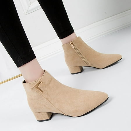 

XIAOFFENN Womens Work Boots Booties For Women Womens Fashion Solid Boots Zipper Women Round Head Midheel Heel Boots Shoes
