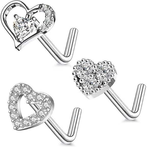 20G Heart Nose Rings 316L Stainless Steel L Shaped CZ Nose Studs Nose Piercing Jewelry for Women Men 3pcs