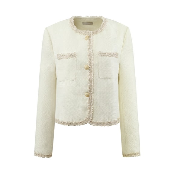 DARING DIVA Women's Tweed Blazer Long Sleeve Open Front Cropped Jacket S Beige