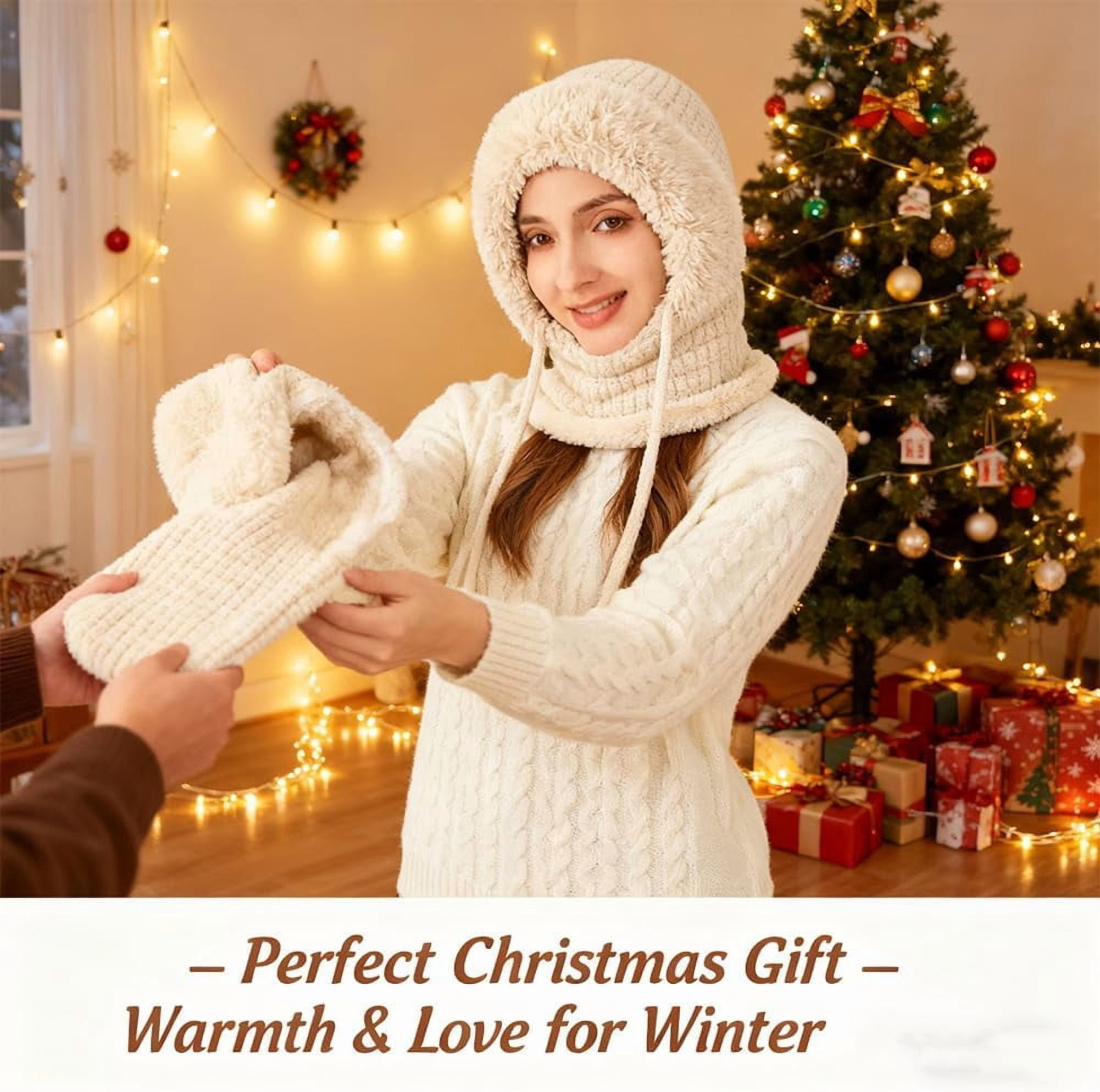 3 in 1 Beanie Hat for Women,Womens Balaclava Winter,with Scarf and Mask,Womens Knit Beanie Hat Fleece Lined Winter Scarf Mask Set Snow Caps