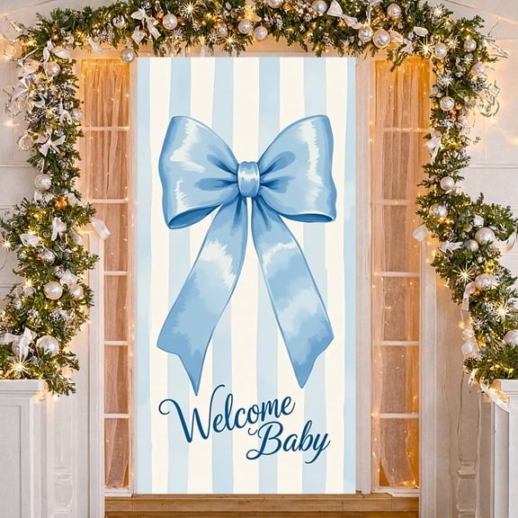 Light Blue Satin Bow Welcome Baby Banner Blue-white Stripes Baby Shower Backdrop Soft Tone Minimalist Design Welcome Baby Display for Baby Shower Party Gender Reveal Event Newborn Welcome Gathering