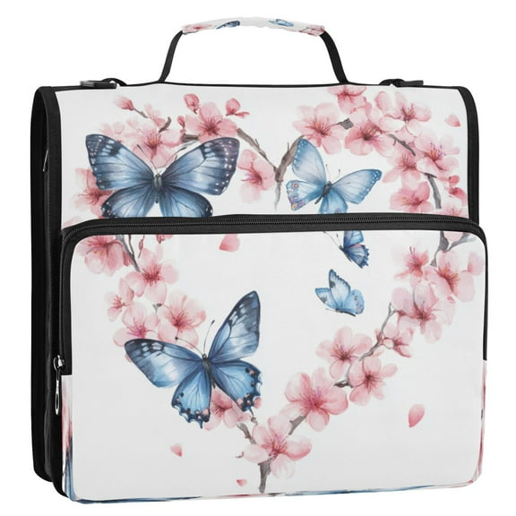 WOBOGO Blue Butterfly Pink Floral Ring Binder Bag 1.5in Folder Organizer with Shoulder Strap for 13Inch Laptop and 500 Sheets of Paper