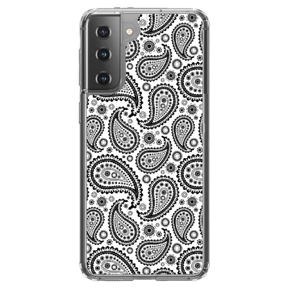 DistinctInk Clear Shockproof Hybrid Case for Galaxy S21 5G (6.2" Screen) - TPU Bumper, Acrylic Back, Tempered Glass Screen Protector - Black & White Paisley