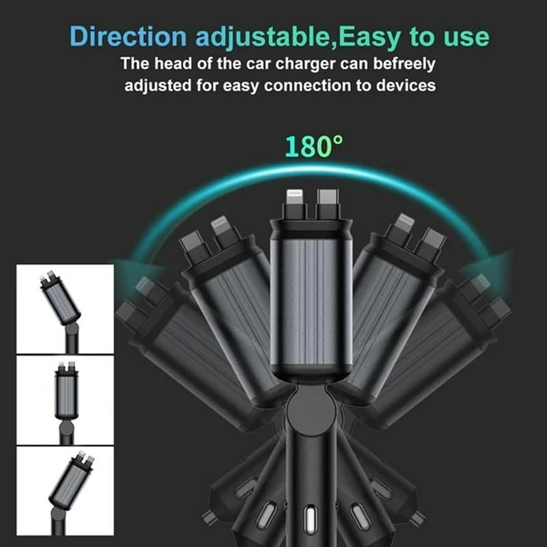 4 IN 1 Retractable Car Charger W/Starlight In Car Roof 120W Charger USB Type C