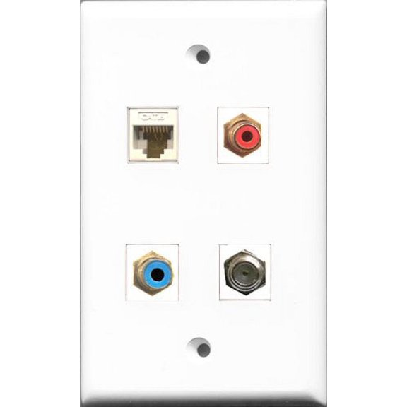RiteAV 1 Port RCA Red and 1 Port RCA Blue and 1 Port Coax Cable TV- F-Type and 1 Port Cat6 Ethernet White Wall Plate