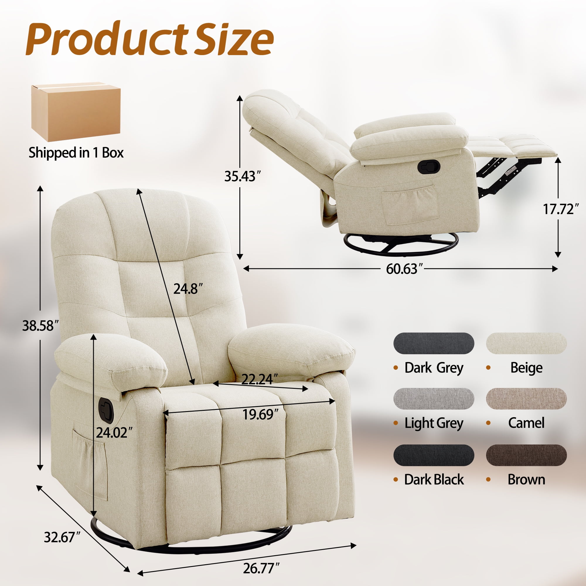 Korser Manual Swivel Rocker Recliner Chair for Living Room,Small Recliner Sofa for Small Spaces,Linen Fabric,Beige
