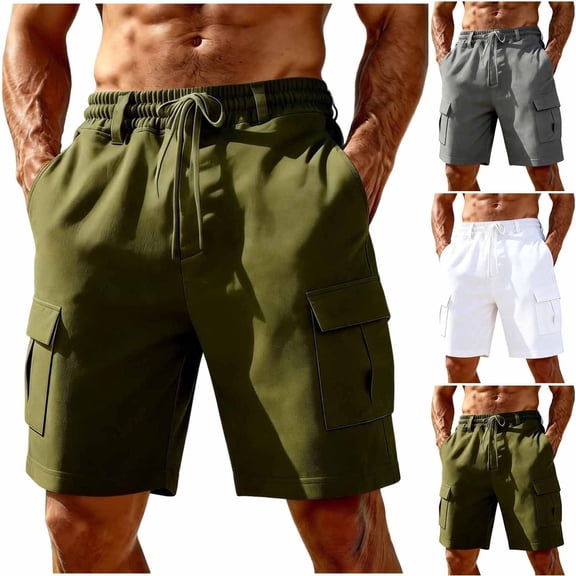 Kojanyu Men's Linen Flax Drawstring Cargo Shorts Regular & Plus Size Lightweight Breathable Casual Summer Beach Shorts with Pockets Sizes S-3XL