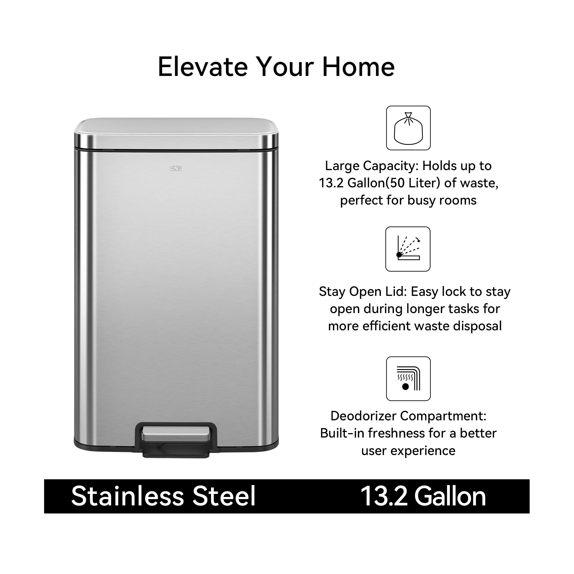 EKO Maxwell Kitchen Trash Can, 13.2 Gallon Brushed Stainless Steel Step Garbage Bin with Soft Close Lid, Silver with Sample Trash Bags Included