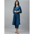 thumbnail image 4 of Janasya Blue Crepe V-neck 3/4th Flared Sleeves Solid Angrakha Kurta, 4 of 8
