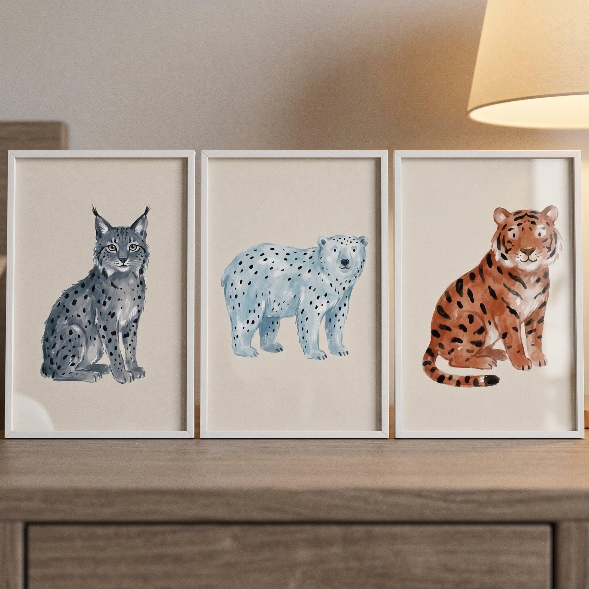Stippled Earth Tone Animals Animal Lynx Polar Bear Tiger Safari Nursery Poster, Set 3, Poster Only