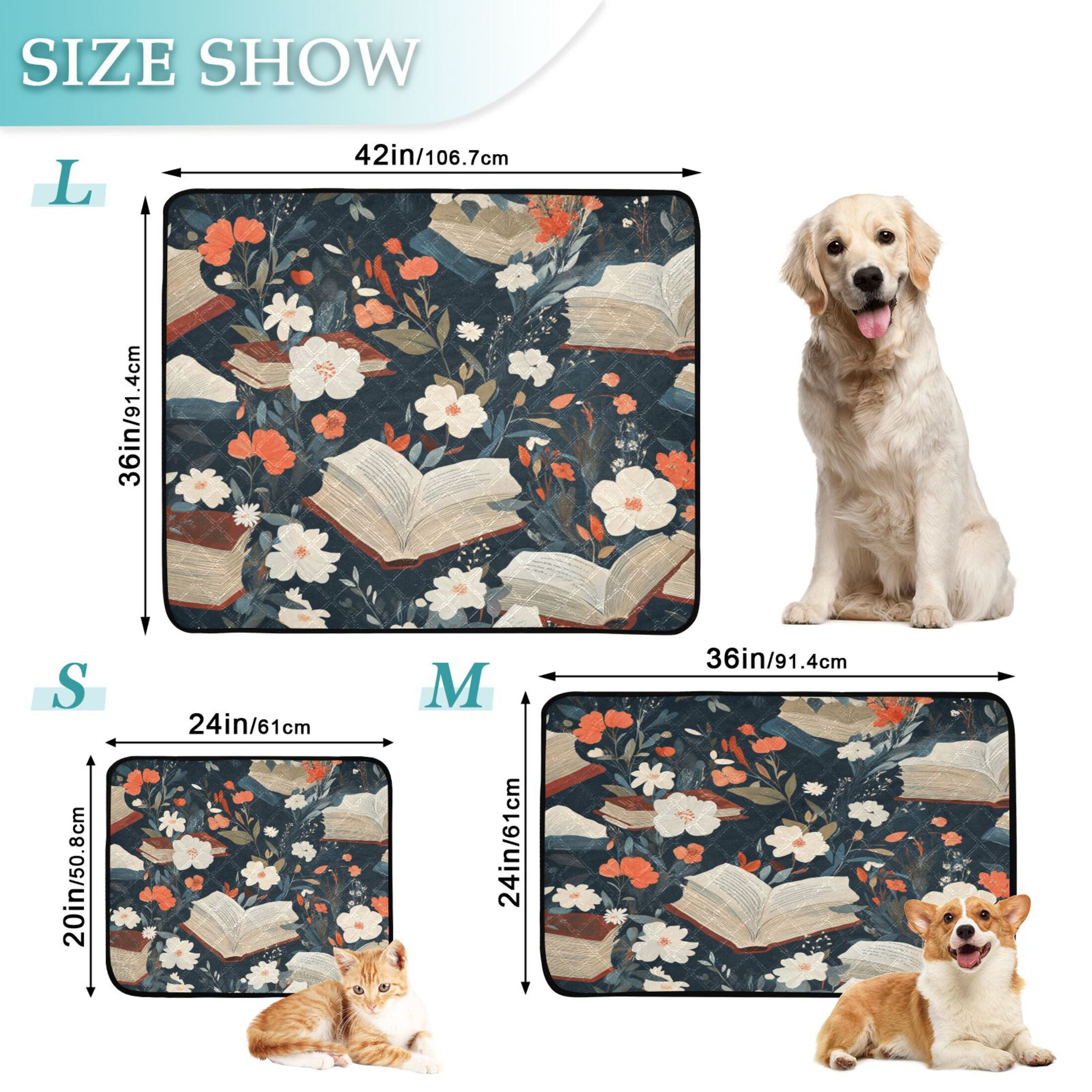 Qxltty Books and Flowers Collide Cat litter Pads Pet Set of 3 Diaper Mats Center Anti-leakage Layer Absorbent Soft and Comfortable