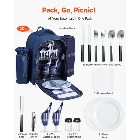 Outdoor Picnic Backpack with Removable Cooler – Navy Blue Beach Bag for 2 People