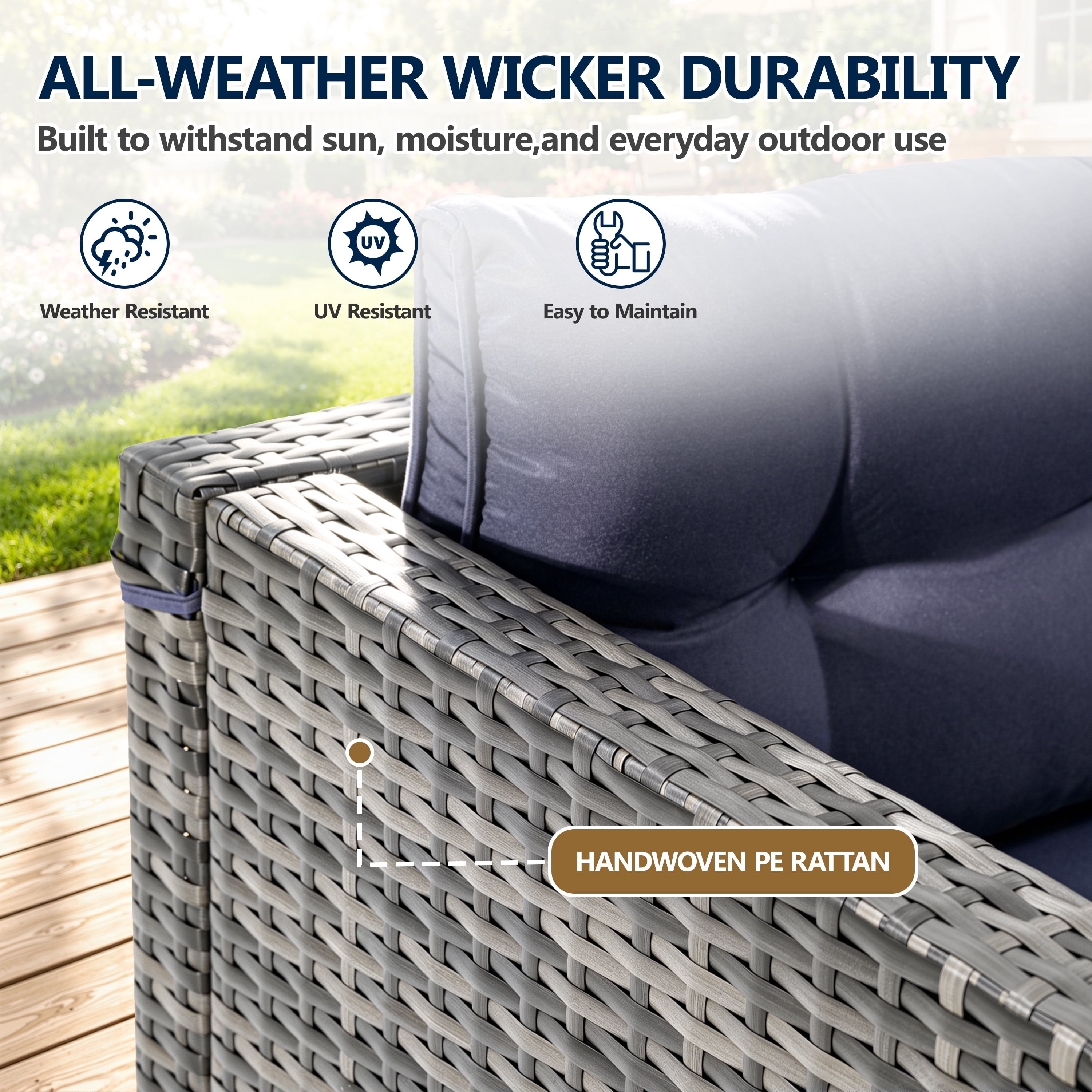 Patio Outdoor Furniture Sets, 7 Pieces All-Weather Rattan Sectional Sofa with Tea Table & Cushions, PE Rattan Wicker Sofa Couch Conversation Set for Garden Backyard Poolside