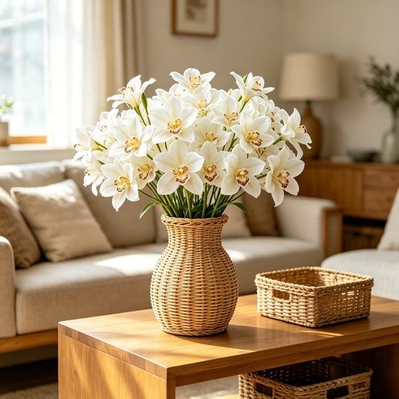 Artificial Flowers for Outdoor Indoor Decor,Artificial Cymbidium Orchid Flower Bouquet with Three Heads Fake Flower Arrangement for Home Wedding Party and Table Centerpiece Decor In Multiple Colors