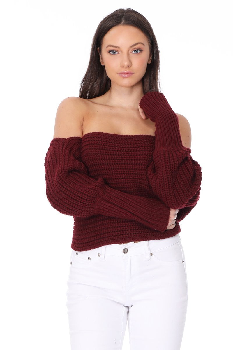 YEMAK Sexy Off The Shoulder Long Sleeve Wrap Sweater Shawl With Sleeve KC003-BURGUNDY-S/M