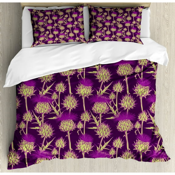 Thistle Queen Size Duvet Cover Set, Graphic Background with Vibrant Colored Scottish Thistles Pattern, Decorative 3 Piece Bedding Set with 2 Pillow Shams, Yellow Green and Purple, by Ambesonne