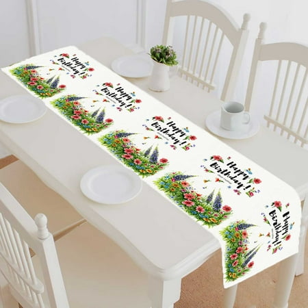 

PKQWTM Happy Birthday Grand Mother Flower Lawn Lettering In Flower Frame Cotton and Linen Table Runner Kitchen Dining Room Supplies Size 14x72 Inch