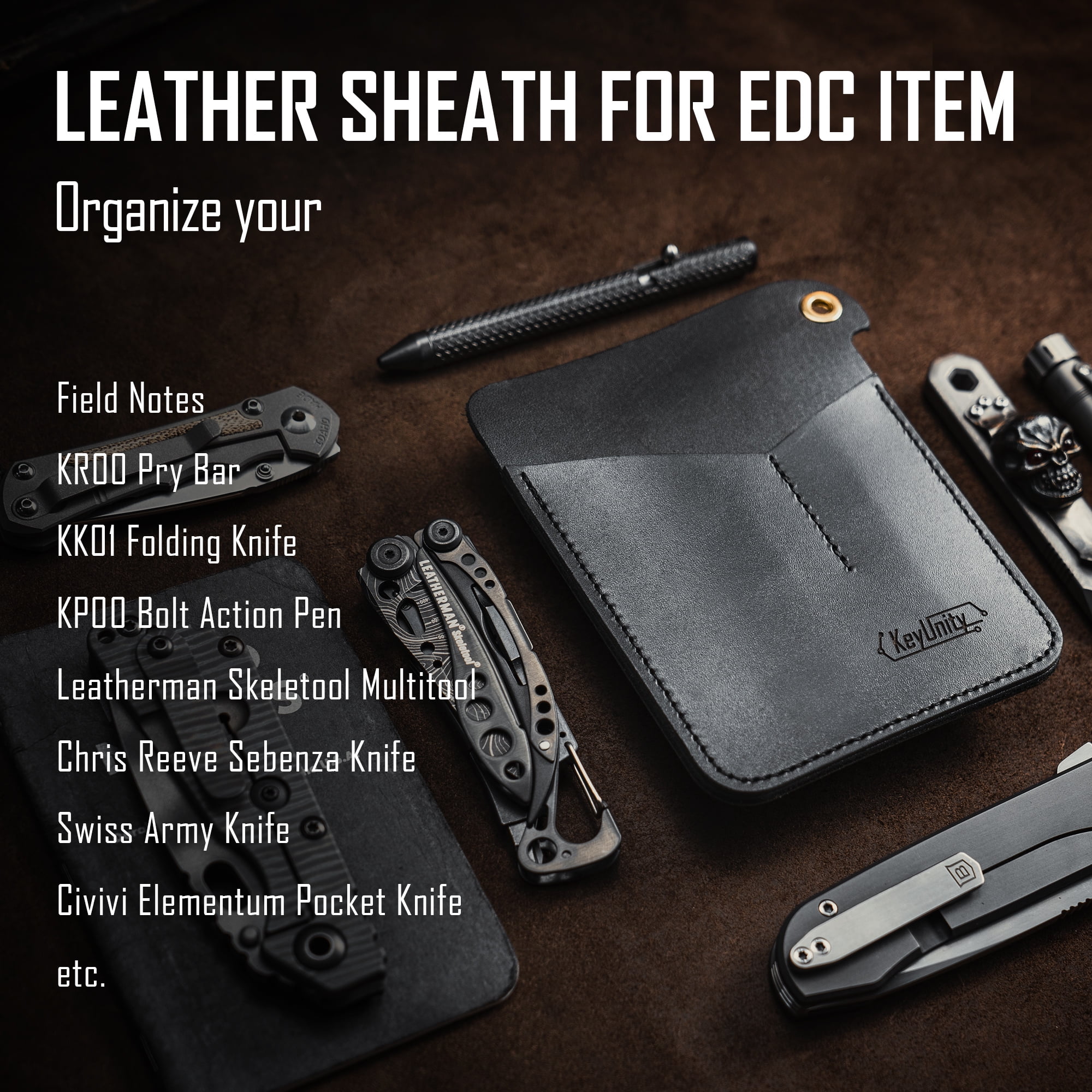 Key Unity Leather Multitool Sheath with 3 Pouch, EDC Pocket Organizer for  Key Holder, Flashlight, Pen, Pocket Knife, Black 