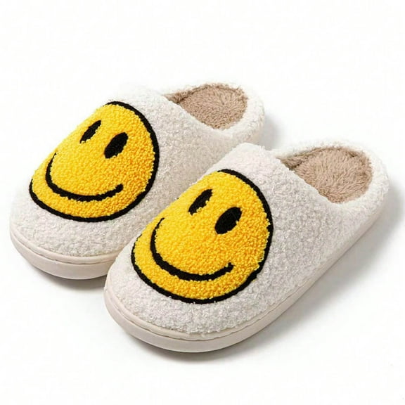 Smiley Face Plush Slippers, Warm Indoor House Shoes, Unisex, Non-Slip