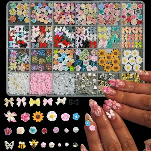 1 Box Of Resin Multicolored Flowers Roses Peonies Sunflowers Daisies Nail Art Charm Mini Rhinestone Pearl Nail DIY Parts