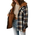 thumbnail image 2 of Chaqueta de Cuadros para Mujer, Larga, Botones, Capucha de Forro , Abrigo Cálido Cuadros Marrones M, 2 of 7