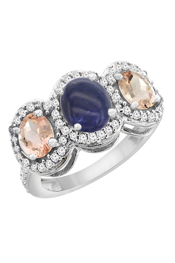 14K White Gold Natural Lapis & Morganite 3-Stone Ring Oval Diamond Accent, size 5