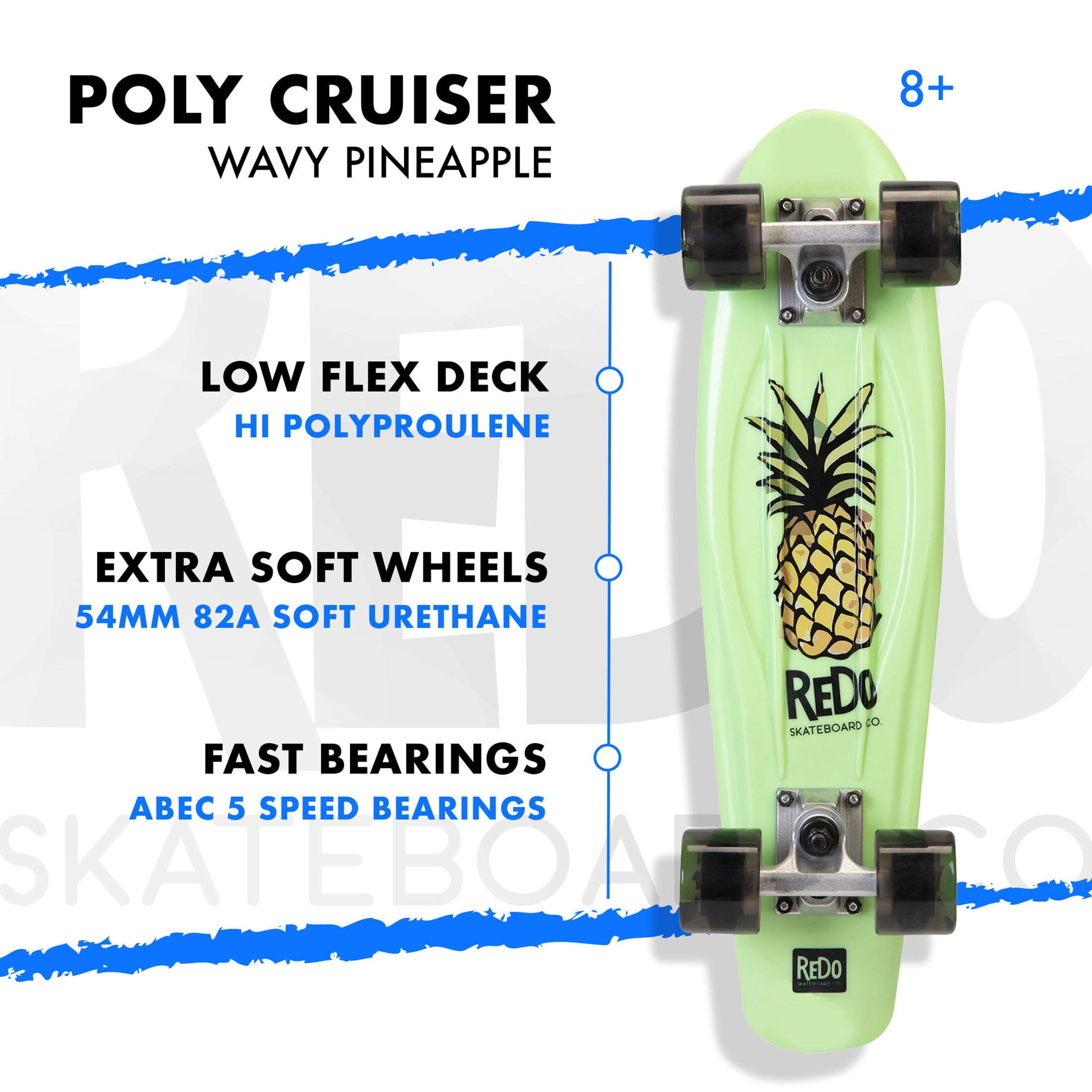 ReDo Skateboard 22.5" x 6" Retro Poly Wavy Pineapple Cruiser Complete Skatebo... 