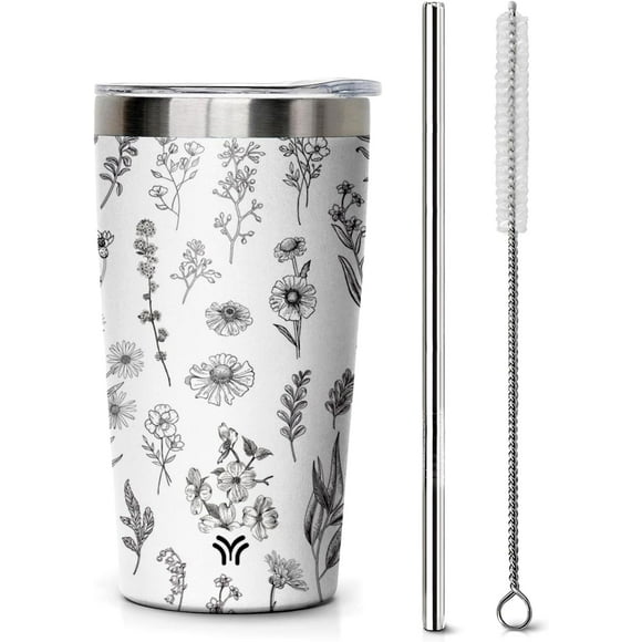10 OZ Tumbler Stainless Steel Travel Coffee Mugs | Spill Proof Vacuum Insulated Coffee Tumbler Cup with Straw Lid | Flowers