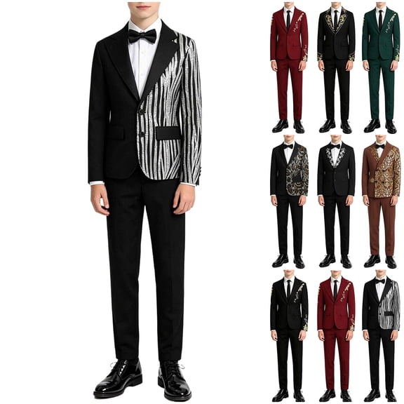 Stamzod Boys' 3 Piece formal Suit Slim Fit Kids Gold Suit Jacket and Dress Pants Set with Tie Boys Outfits for Wedding Black E 8-9Years