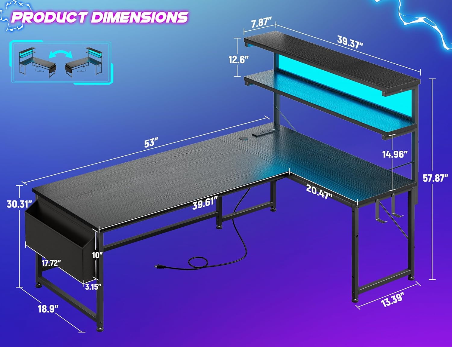 53 Inch L Shaped Desk Gaming Desk with LED Light & Power Outlet, Reversible L Shaped Computer Desk with Shelf & Storage Bag Gamer Corner Desk with Headphone Hook for Home Office Desk, Black