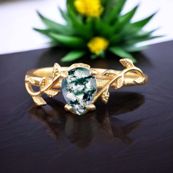 Pear Cut Moss agate Promise Ring Solitaire Leaf Twig Bridal Wedding Ring Green Gemstone Statement Jewelry Proposal Gift For Lover