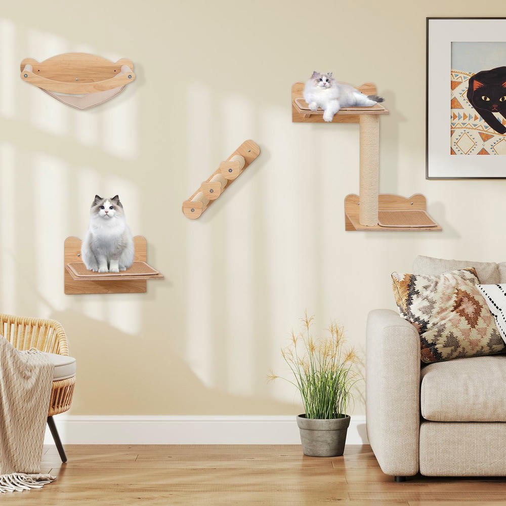 Resenkos Wall-Mounted Cat Furniture Set of 4 Pieces with Hammock and Steps, Natural