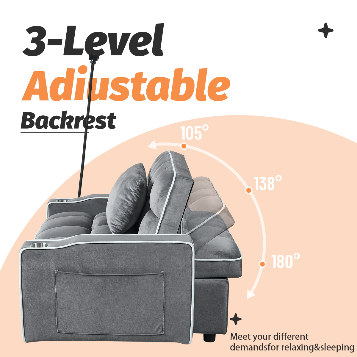Gewnee 37.2''Convertible Sofa Bed with USB and Phone Holder,2 Cup Holders and 3 Adjustable Backrest,Suitable for Living Room,Apartment and Office.Dark Grey
