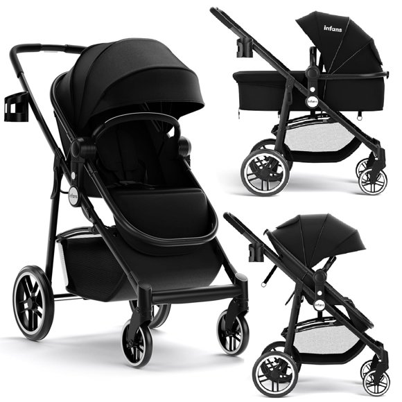INFANS 2 in 1 Baby Stroller, High Landscape Infant Stroller and Reversible Bassinet Pram, Foldable Pushchair with Adjustable Canopy, Cup Holder, Storage Basket, Suspension Wheels (Black)