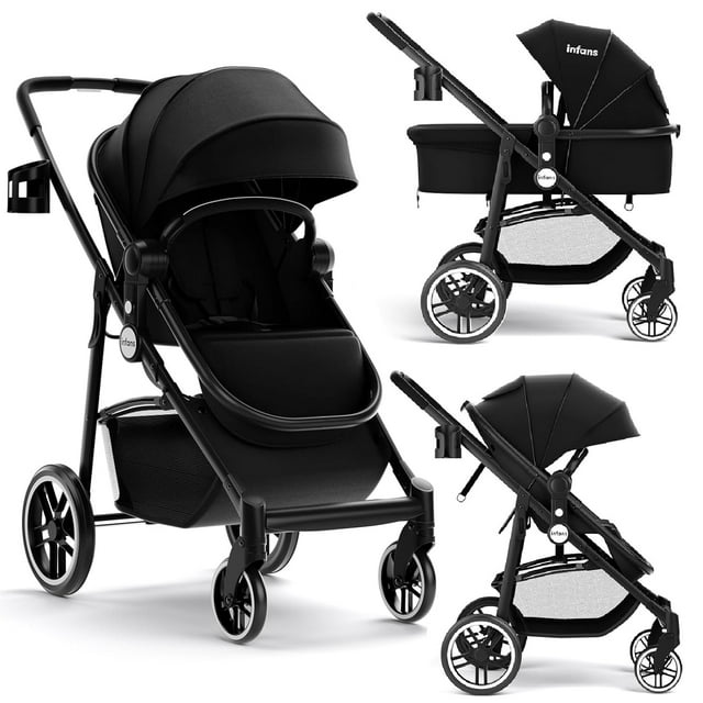 INFANS 2 in 1 Baby Stroller, High Landscape Infant Stroller and Reversible Bassinet Pram, Foldable Pushchair with Adjustable Canopy, Cup Holder, Storage Basket, Suspension Wheels (Black)
