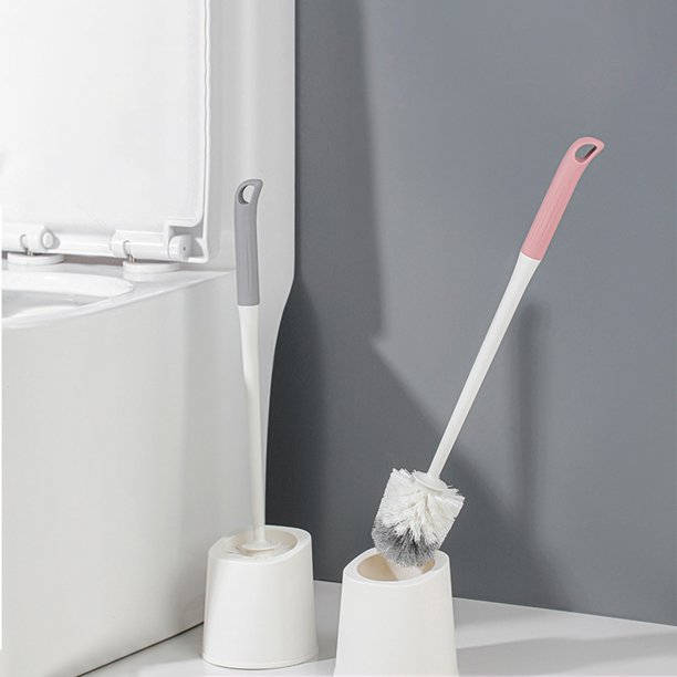 Cepillo de Baño de Plástico Gris con Mango Largo y Base, Cabezal Redondo de Pelo Suave para Limpieza Del Baño, 1 Pieza