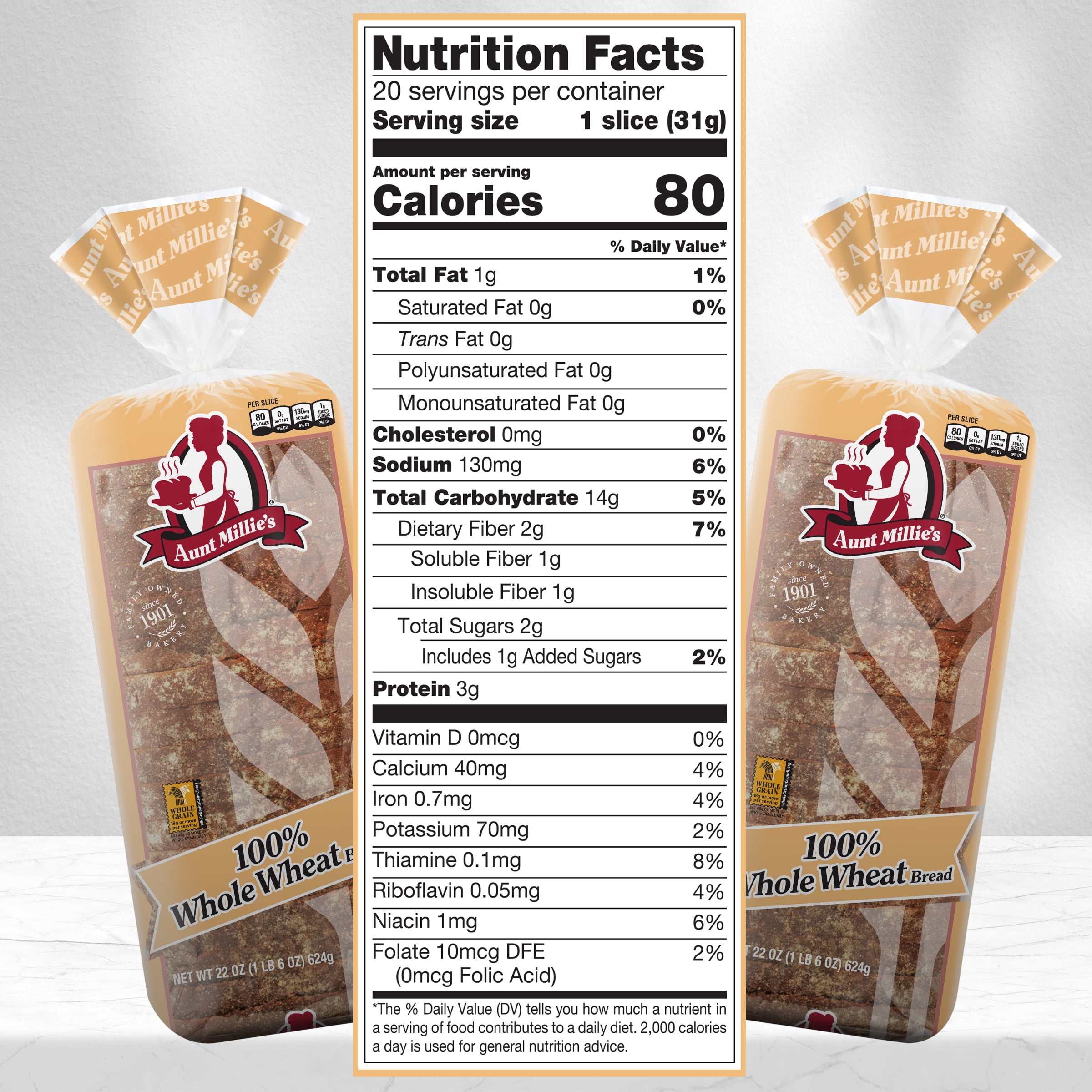 Aunt Millie's 100% Whole Wheat Bread Loaf, 22 oz