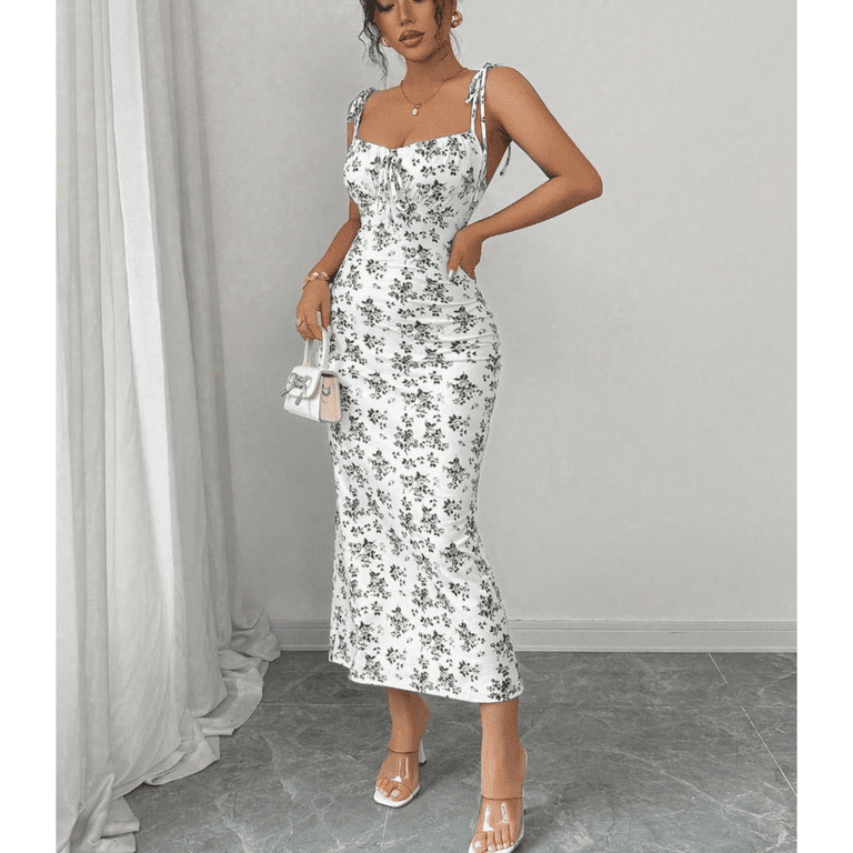 floral bodycon slip dress EASYBRAUS Easybra Womens Floral Bodycon Maxi Dress Square Neck Sleeveless High Waist Summer Elegant Slip Dress, Women's, Size: Large