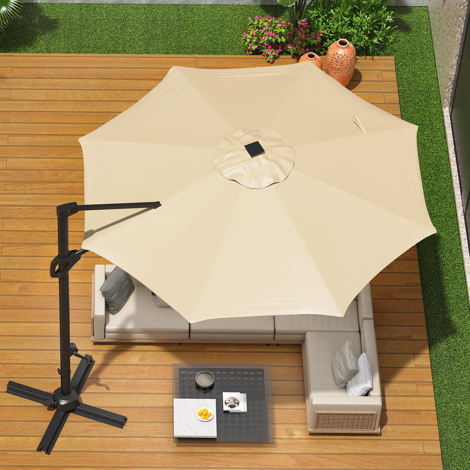 10x10 FT Cantilever Patio Umbrella with Base Included Double Top Outdoor Square Large Heavy Duty Aluminum Offset Umbrellas with 7 Level Tilt 360-degree Rotation for Pool Garden Deck