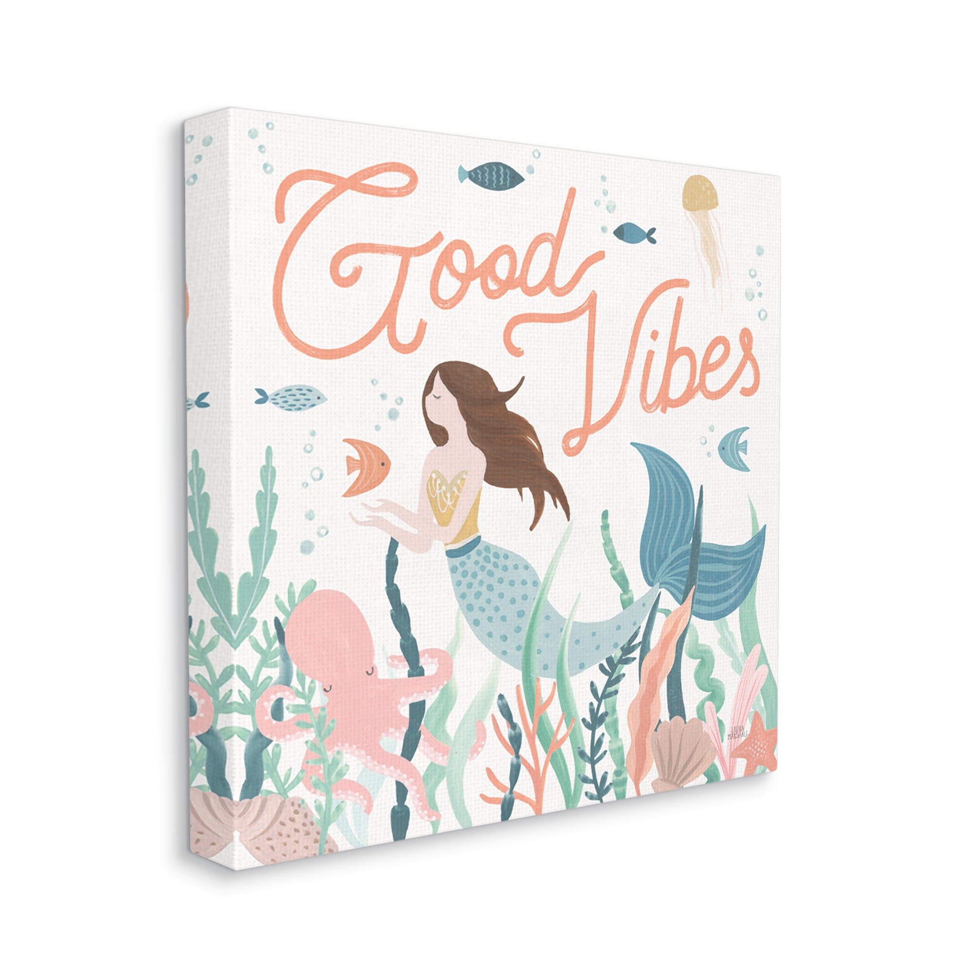 Stupell Industries Good Vibes Phrase Children's Mermaid Under Water Fish, 24 x 24,Design by Laura Marshall