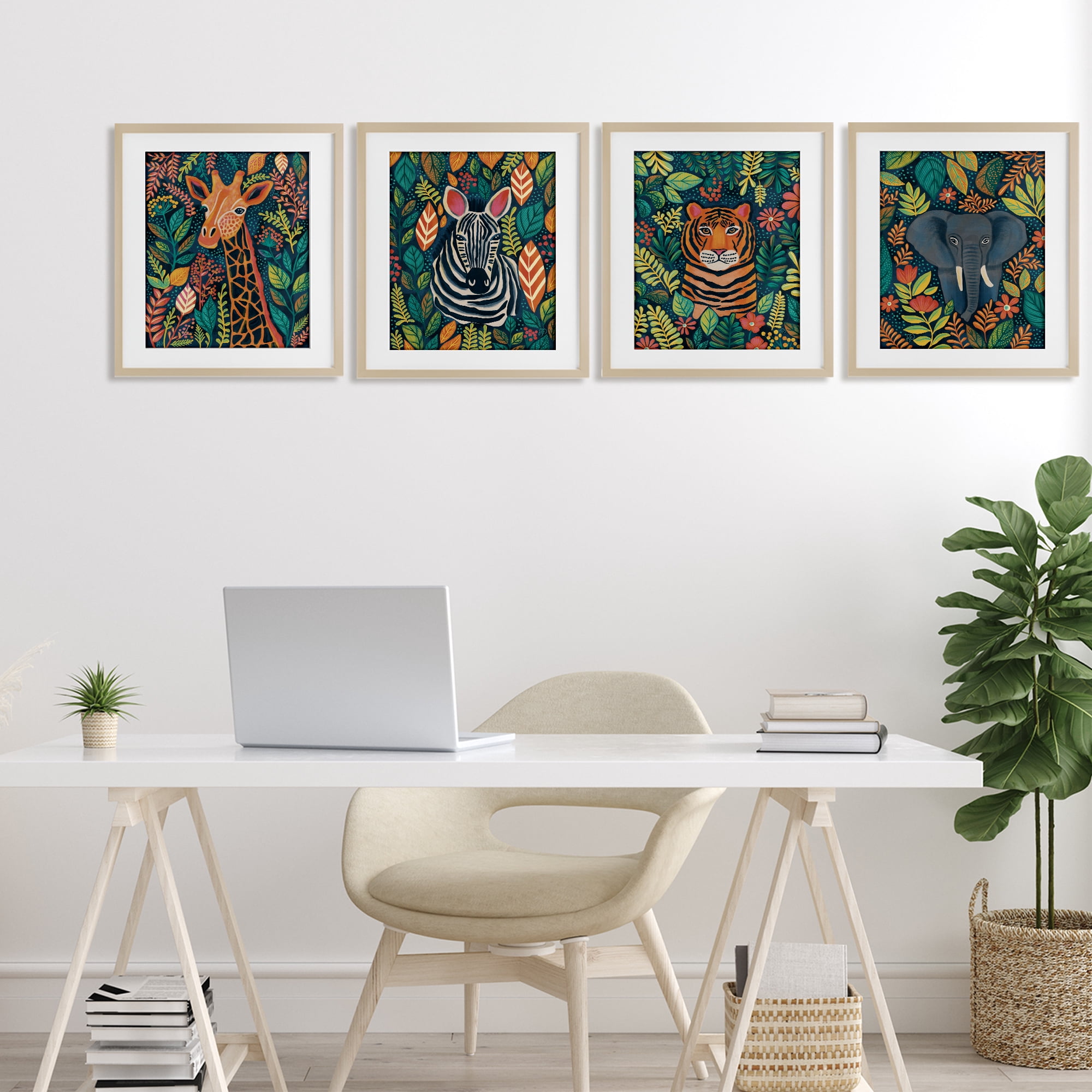 Stupell Industries Jungle Leaf Pattern Animals 4 Piece Birch Framed Print Under Glass Set, design by Lisa R Dumm