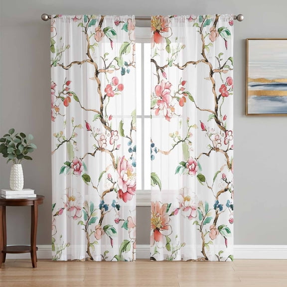 Pink Green Botanical Sheer Curtains 84 Inch Length 2 Panels Set, Summer Watercolor Branch Flower Voile Window Treatment Rod Pocket Curtains Sheers Drapes for Bedroom/Living Room/Kitchen 52"x84"x2